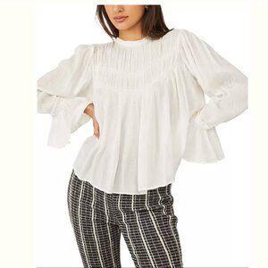 Free People Kelsey Crinkle Flare Bell Long Sleeve Peasant Blouse Top S White